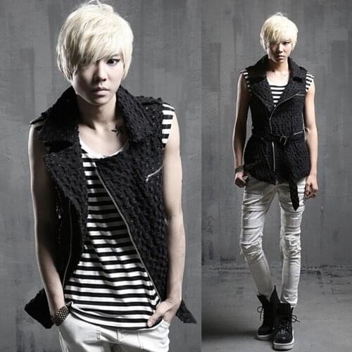 Men nightclub singer punk hiphop denim vest gilet singer stage costume men ripped jeans vest mesh patchwork sleeveless jackets