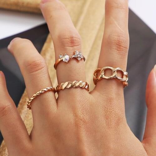 4Pcs Gold Alloy Twist Crystal Thick Chain Set Adjustable Ring Women Fashion Simple Geometric Metal Joint Ring Jewelry Wholesale