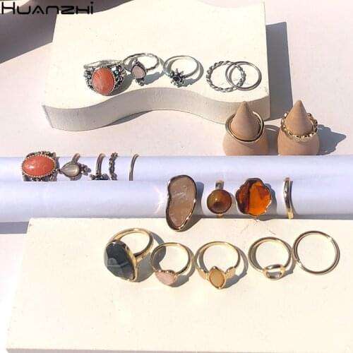 HZ 2020 New Trendy Vintage Colorful Stone Marble Leopard Flower Geometric Irregular Metal Rings Set Jewelry for Women Girls