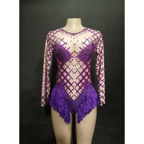 2020 Women New Purple Tassel Sexy Bodysuit Full Shiny Rhinestone Costumes Celebrate Nightclub Party Singer Dancer Stage Wear