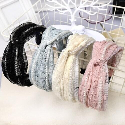 Charm Wood Korean Style Wide Sweet Pearl Lace Headband Women Girls Hairband Popular Female Hair Accessories for Party Engagement
