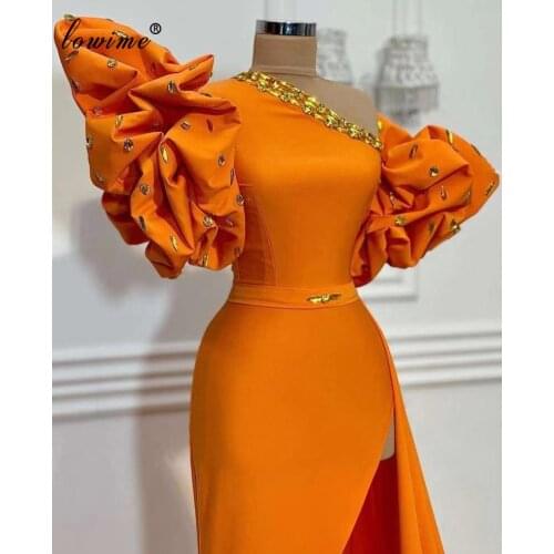 Orange One Shoulder Mermaid Evening Dresses Long Crystals Evening Gowns With Puffy Sleeves Turkish Couture Prom Party Dresses