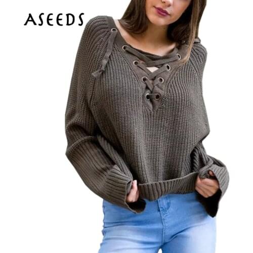 2020 autumn flare sleeve knitted pullover women sweaters and pullovers casual loose v-neck sexy lace up sweater outwear