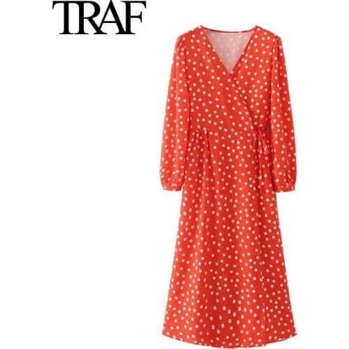 Traf Za Women Fashion Dot Red Long Dresses French Elegant MIDI Skirt Bow V-neck Bandage Dress Vestidos Mujer