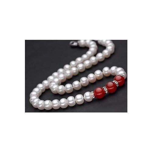 Genuine Natural 6-7MM WHITE CULTURED ROUNDEL PEARL & red jade necklace 18 "AAA