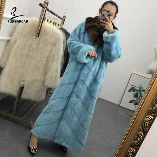 FURSARCAR 2020 Luxury Winter Real Mink Fur Coat Women Fox Fur Collar Design Genuine Natural Mink Fur Long Jacket Plus Size