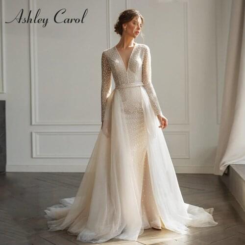 Ashley Carol Mermaid Wedding Dress 2021 Detachable Train 2 In 1 Bridal Long Sleeve V-Neck Backless Bride Gowns Vestido De Noiva