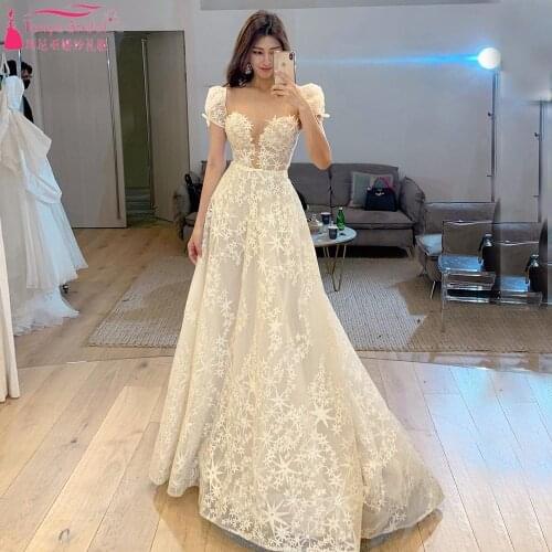 Romantic Star Lace Embroidery Wedding Dresses A Line Princess Elegant Bridal Gowns Ruff Sleeve Engagement Noivas ZW408