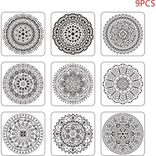 9pcs/set Mandala Stencil Drawing Template for Tile Floor Painting Board Album