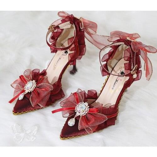 Elegant Wine Red Loli Shoes Retro Palace Tea Party Gorgeous Flowers Wedding High Heels Bride Cosplay Anime Princess Harajuku Cos