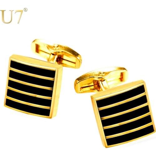 U7 New Classic Black Cufflinks For Mens Gold Color Suit Stripe Square Cuff Links Buttons Clip Men Jewelry Wholesale C008