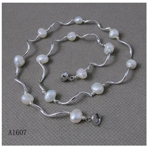 Unique Pearls jewellery Store,Single Silver Tube White Freshwater Pearl Necklace.Magnet Clasp,Charming Women Gift Jewelry