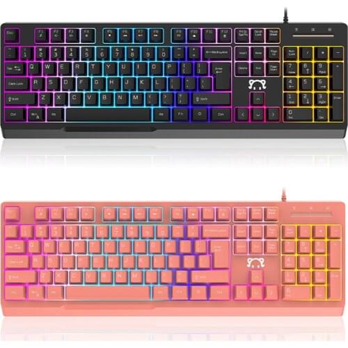 STK090 104 Keys Gaming Keyboard USB Wired RGB Pink Backlight Mechanical Feeling Ergonomic Gaming Keyboard for PC Office Gamer