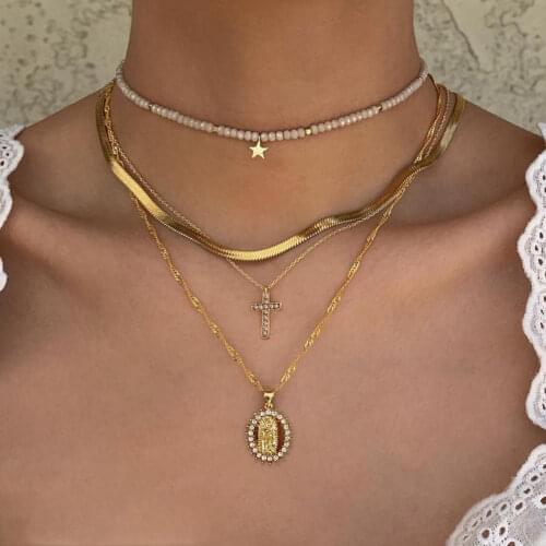 Vintage Multi-layer Crystal Cross Star Beaded Choker Necklace For Women Golden Virgin Mary Snake Chain Necklaces Trend Jewelry