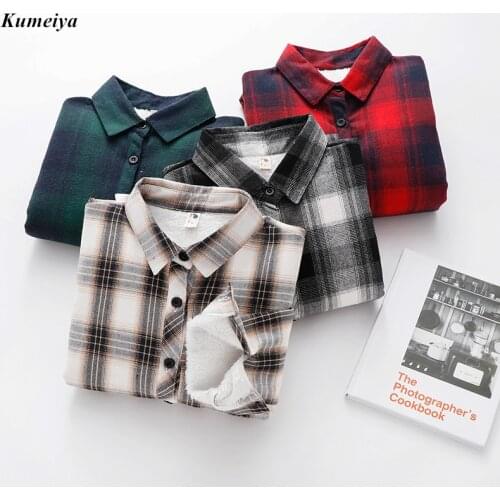 Women Winter Keep Warm Cotton Plaid Blouse Fashion Long Sleeve Pocket Velvet Red Shirt Lady Tops Blusas Feminina