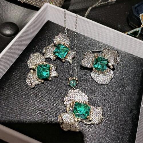 Luxury Charm Emerald Stone Clover Earrings 925 Sterling Silver Jewelry Sets for Women Fashion Flowers Rings Necklace Jewelry