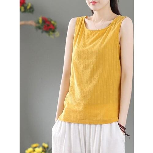 2021 New Ladies Retro White Yellow Cotton And Linen Jacquard Loose Summer Vest Womens Thin Waistcoat Sleeveless Blouse aq746