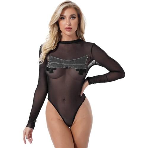 Women Denim Patchwork High Cut Bodysuit Clubwear Mock Neck Long Sleeve See-Through Mesh Leotard Swimwear Jumpsuit
