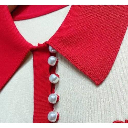 Women Knitted Dresses Elastic Waist Patchwork Pearl Buttons Short Sleeve Letter Embroidery Ladies Robes 2021 Spring