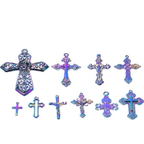 10pcs/Lot Mix Cross Charm Rainbow Color Pendants For Necklace DIY Jewelry Making Supplies Components Handmade Accessories Jesus