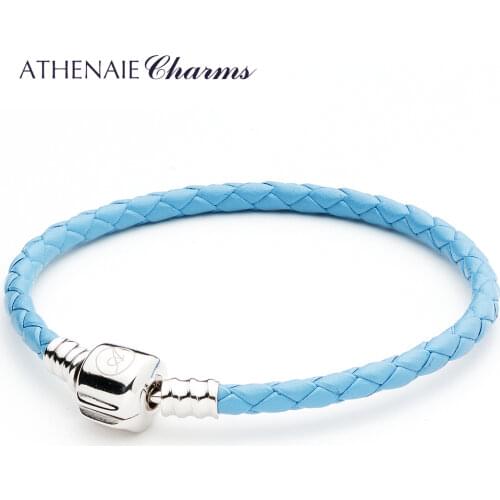 ATHENAIE Single Braided Leather 925 Sterling Silver Light Blue Charm Bracelet Fits Fit All European Charm Bead