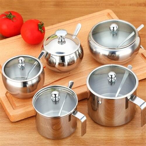 304 Stainless Steel Spice Jar With Spoon and Lid Seasoning Box Salt Pepper Shaker Condiment Storage Tank Creative Sugar Bowl