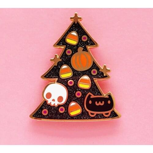 Shiny Christmas Tree Hard Enamel Pin Kawaii Pumpkin Candy Ghost Cat Christmas Decoration Brooch Unique Christmas Halloween Gift