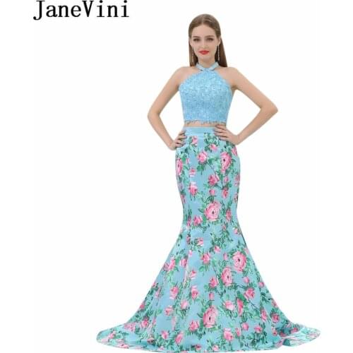 JaneVini Two Pieces Floral Long Prom Dresses 2019 Blue Halter Satin Beaded Lace Applique Evening Gown Vestidos De Gala Elegante