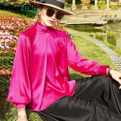 High-End Women Spring New Street Style Rose Red Silk Stand Collar Long Sleeve Elegant Lady Shirt Top S-XL