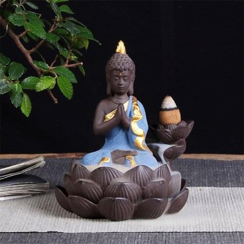 Ceramic Golden Buddha Backflow Incense Burner Lotus Waterfall Aromatherapy Censer Incense Cones Holder for Home Tearoom Decor