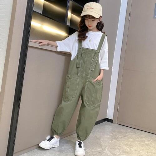 Girls Summer Children Clothes Outfits T-shirt + Overalls Pants Casual Tracksuit Kids Clothing Two-Piece Set 7 8 10 12 14 Years