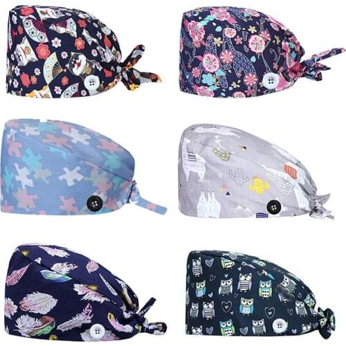 Fashion Breathable Animal Printed Button Work Hat Casual Unisex Outdoors Nurse Work Hat For Home Worker Outdoor