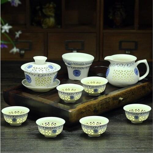 Theepot 9 Stks Kung Fu Thee Set, Ceramic Cup Tea, Blue And White Theepot, Bone China GaiWan, Tea Sea, Porcelain Filte