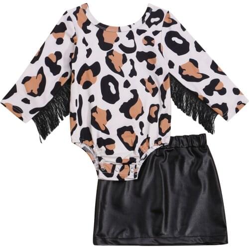 New Girls Casual Two-piece Clothes Set, Black Solid Color Skirt and Leopard Printed Pattern Romper with Tassels