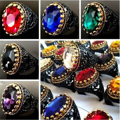 Wholesale Lots 20pcs Men Women Luxury Big Colorful Crystal Rhinestone CZ Black Rings Vintage Retro Party Jewelry