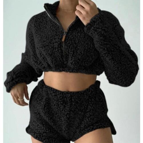 2Pcs Sexy Fluffy Suits Velvet Plush Hooded Sleepwear Shorts + Crop Top Women Tracksuit Casual Sport Set Overalls Sweatshirts
