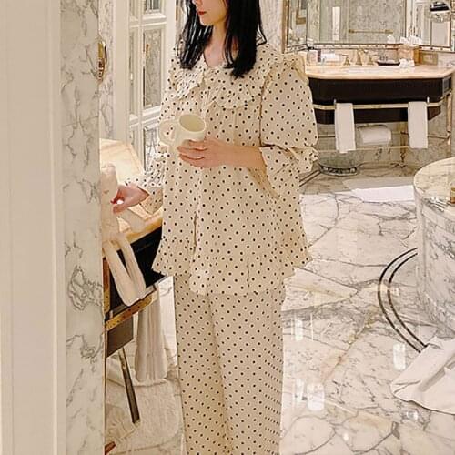 Womens Princess Polka Dot Pajama Sets.Vintage Ladies Girls Big Turn Down Collar Pyjamas set Dots Sleepwear Suit.Home Loungewear