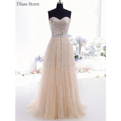 Champagne Prom Dresses 2020 Sequins Top A-line Floor Length Strapless Sweetheart Neck Beads Evening Dress платья знаменитостей