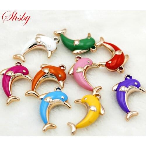 Shsby 5pcs colour mixture DIY oil drip dolphin Pendant Jewelry gold Charms Handmade Necklace Girls Kids Accessory for key chain