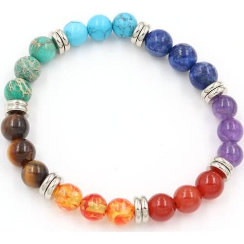 Silver Plated Colorful 8 mm Round Beads Elastic Bracelet Blue Sand Stone Healing Chakra Inspiration Jewelry
