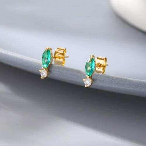 Green Zircon Raindrop Stud Earrings For Women Girl Gold Silver Color Stainless Steel Leaf Earrings Fashion Wedding Jewelry 2021