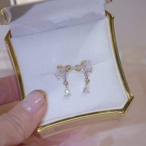 14k Real Gold Plated Fashion Jewelery Crystal Bowknot Exquisite Stud Earrings for Woman Holiday Party Elegant Cute Earring