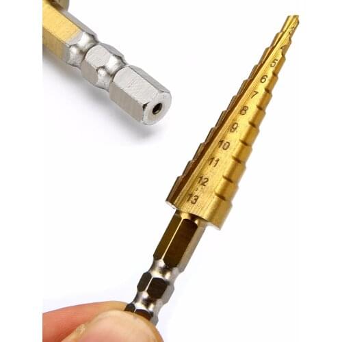 1pc Titanium Coated Step Cone Drill Bit 1/4 inch Hex Shank Woodworking Drilling Tools 3-13mm