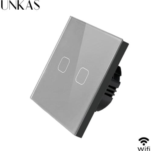 UNKAS 2 Gang EU/UK WIFI Smart Touch Switch APP wireless switch Light Wall Switch Gray Crystal Glass Panel