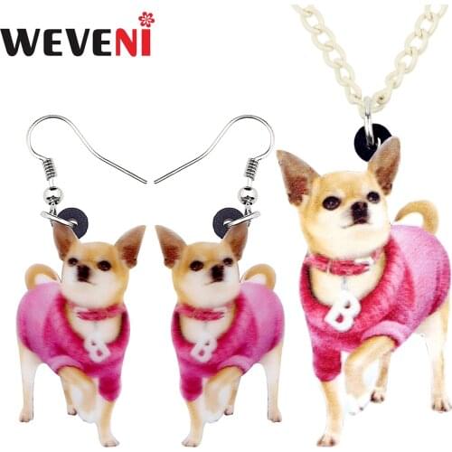 WEVENI Acrylic Pink Chihuahua Dog Jewelry Sets Earrings Necklace Pendant Cartoon Cute Animal Gifts For Women Girls Pet Wholesale