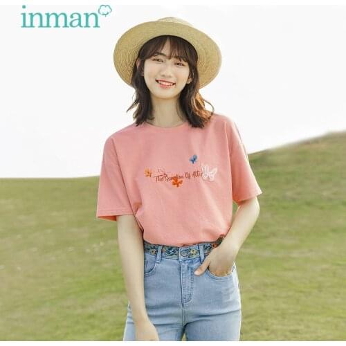 INMAN Summer Sweet Style T-Shirt Women Clothing Three-Dimensional Butterfly Glitter Letters Cute Lady Round Collar Cotton Tops