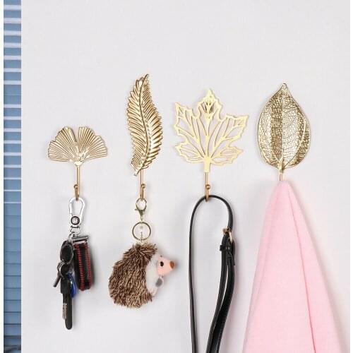 Gold Hanging Storage Rack Wrought Iron Hook Wall Hanger Creative Leaf Shape Nordic Style Home Bathroom Decoration