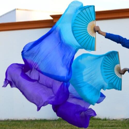 2018 High selling 100% Real Silk Veils 1 Pair handmade women Quality Silk Belly Dance Fan Dance turquoise blue purple (2pcs)