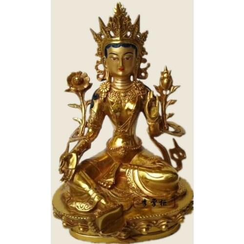 21cm Handpainted Gilt Bronze Statue Buddha Divinity Bodhisattva Tara(green)