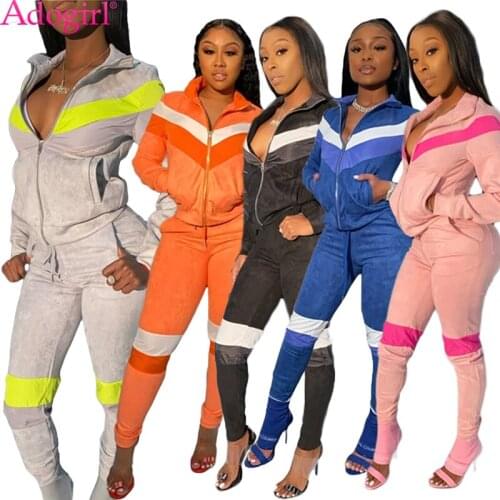 Adogirl Color Patchwork Velvet Two Piece Set Tracksuit Long Sleeve Zipper Jacket Top Pencil Pants Autumn Winter Casual Suits